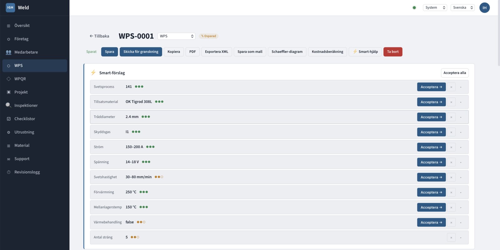 IGHWeld — WPS form with Smart suggestions